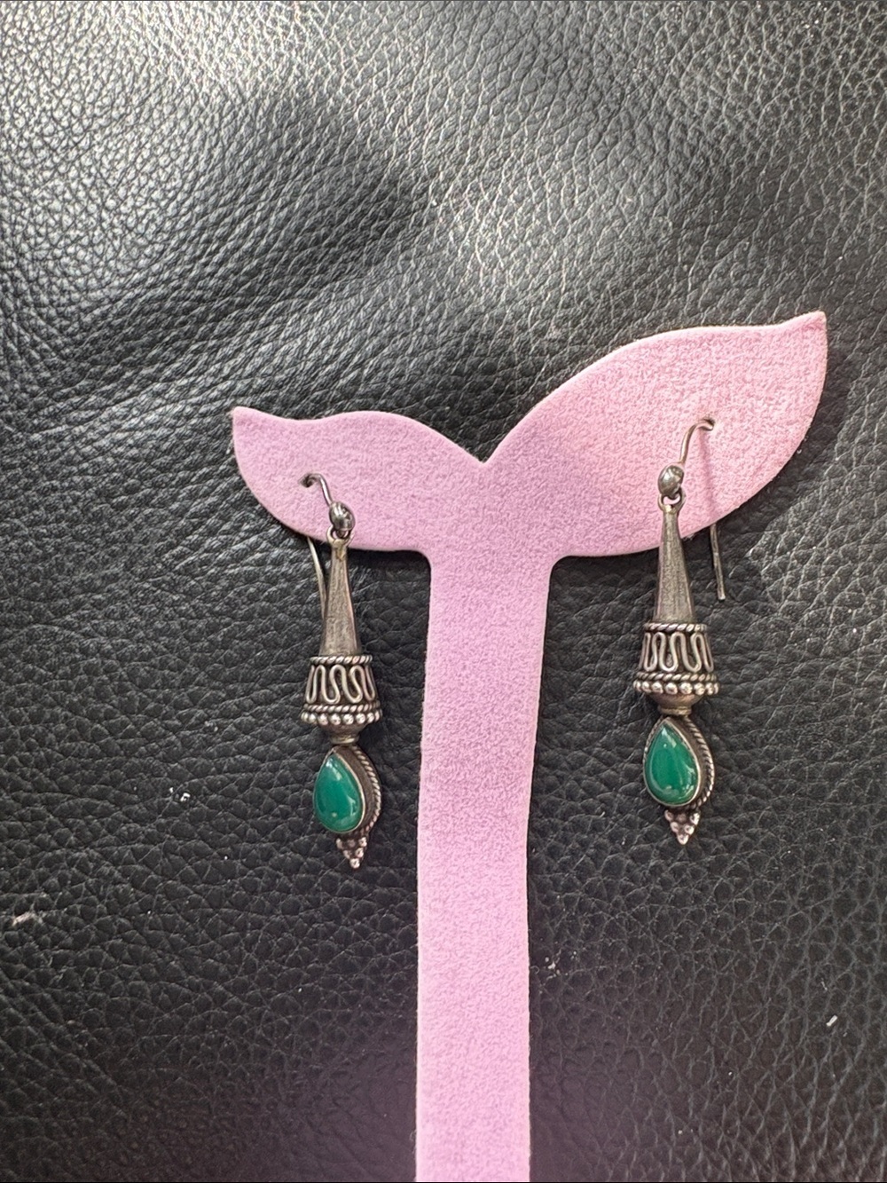 Vintage 925 Sterling Silver  Green Onyx Teardrop Dangle Earrings
